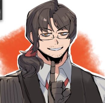 1boy absurdres bags_under_eyes beard_stubble black-framed_eyewear black-framed_glasses black_vest bow brown_hair close-up collared_shirt commission dress_shirt expressionless facial_hair finger_to_mouth finger_to_own_chin formal_clothes furrowed_brow glasses gregor_(project_moon) grin hair_between_eyes hair_bow hair_intakes hair_ribbon half-closed_eyes hand_up highres index_finger_raised jitome joints limbus_company liu_association_south_uniform long_hair long_sleeves looking_at_viewer looking_to_the_side low_ponytail male_focus mechanical_arms necktie official_alternate_costume parted_bangs parted_lips photoshop_(medium) ponytail portrait project_moon prosthesis prosthetic_arm red_background red_bow red_necktie red_ribbon ribbon sanpaku seductive_smile semi-rimless_eyewear shirt shushing sidelocks sideways_glance simple_background single_mechanical_arm smile smirk smug solo stubble teeth under-rim_eyewear upper_body v-shaped_eyebrows vest white_background white_shirt wing_collar yellow_eyes