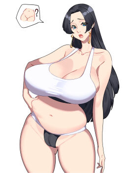 1girl belly black_hair blue_eyes boa_hancock breasts commentary earrings english_commentary hard.d highres holding_belly huge_breasts jewelry long_hair navel one-hour_drawing_challenge one_piece plump sagging_breasts simple_background solo stomach white_background