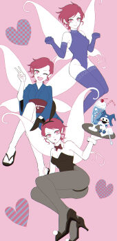 1girl :d absurdres alternate_costume animal_ear_hairband animal_ears ass blue_gloves blue_leotard blue_thighhighs cherry chromatic_aberration commentary_request cup demon_(megami_tensei) drinking_glass drinking_straw fairy_wings fake_animal_ears fishnet_pantyhose fishnets food fruit gloves hairband high_heels highres holding holding_tray jack_frost_(megami_tensei) japanese_clothes kimono leotard milkshake_glass multiple_views open_mouth pantyhose pixie_(megami_tensei) playboy_bunny red_eyes red_hair sanbonosrmkr shin_megami_tensei smile thighhighs tray v wings