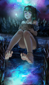 1girl absurdres barefoot feet forest green_hair highres ight_blush igu_(isekai_nonbiri_nouka) isekai_nonbiri_nouka long_hair nature night night_sky nyunyu_daphne open_mouth pond purple_eyes sky soles suou_makoto toes