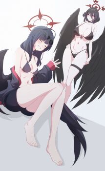 Rule 34 | 2girls, absurdres, barefoot, bikini, black bikini, black choker, black hair, black jacket, black shorts, black wings, blue archive, breasts, choker, closed eyes, commentary request, doublemengu, front-tie bikini top, front-tie top, grin, halo, hand on own hip, hand up, hasumi (blue archive), highres, ichika (blue archive), jacket, large breasts, long hair, low wings, medium breasts, multiple girls, navel, official alternate costume, red eyes, red halo, shorts, side-tie bikini bottom, sitting, smile, standing, swimsuit, thigh strap, white background, wings