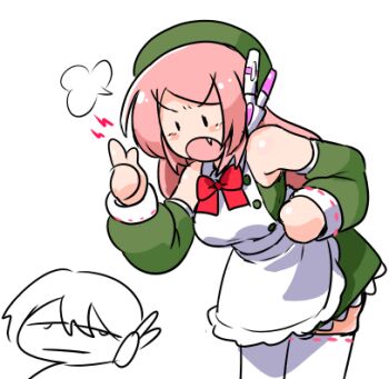 ._. 1girl apron beret detached_sleeves dress fang green_dress hat lecturing lowres momone_momo pink_hair robot_ears saruyama_ushirou sleeveless thighhighs utau white_thighhighs