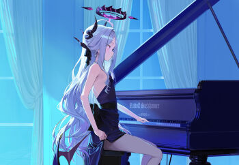 1girl black_halo black_horns blue_archive breasts chinese_commentary commentary_request demon_horns demon_wings dress evening_gown halo highres hina_(blue_archive) hina_(dress)_(blue_archive) horns indoors instrument long_hair piano playing_instrument playing_piano purple_dress purple_eyes purple_wings shiliu_xian_xian_xian sitting small_breasts solo strapless strapless_dress white_hair window wings