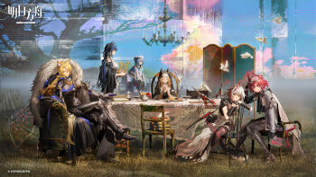 2boys 4girls ahoge animal_ears archetto_(arknights) archetto_(glory_of_the_devout)_(arknights) arknights artist_request bird blonde_hair cantabile_(arknights) cantabile_(bard_by_the_lake)_(arknights) chair chinese_commentary commentary_request fiammetta_(arknights) fiammetta_(judgment_day)_(arknights) food fruit grey_hair hands_up harp hat headgear highres instrument mizuki_(a_player_forever)_(arknights) mizuki_(arknights) mlynar_(arknights) mlynar_(roar_against_the_wild)_(arknights) multiple_boys multiple_girls nun official_art on_chair orange_eyes red_eyes red_hair screen sitting table tail umbrella w_(arknights) white_bird wings wis'adel_(arknights) wis'adel_(supernova)_(arknights)
