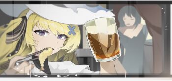 Rule 34 | 2girls, absurdres, beer mug, blonde hair, blue eyes, chopsticks, commentary, cup, eating, fley-lan, food, hair ornament, hat, highres, holding, holding chopsticks, holding cup, holding with chopsticks, long hair, looking at viewer, mug, multiple girls, phoebe (wuthering waves), shrimp, shrimp tempura, solo focus, tempura, white hat, wuthering waves, x hair ornament