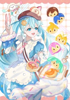 1girl absurdres apron aqua_eyes aqua_hair asymmetrical_legwear blue_dress blue_pantyhose blue_sleeves blush bow bowtie brown_hat character-themed_food commentary_request dessert detached_sleeves double-parted_bangs dress dress_bow emeli food food-themed_clothes food-themed_hat_ornament frilled_apron frills fur-trimmed_dress fur-trimmed_sleeves fur_trim hair_between_eyes hair_ornament hat hat_ornament hatsune_miku highres holding holding_tongs holding_tray kagamine_len kagamine_rin kaito_(vocaloid) key long_hair long_sleeves megurine_luka meiko_(vocaloid) mismatched_legwear necktie official_alternate_costume official_alternate_hairstyle open_mouth pantyhose pink_necktie pink_pantyhose puffy_short_sleeves puffy_sleeves rabbit_yukine short_sleeves smile snowflake_print solo striped_clothes striped_pantyhose tongs tray twintails two-tone_sleeves very_long_hair vocaloid wavy_hair white_apron wide_sleeves yuki_miku yuki_miku_(2026)
