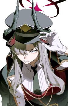 1girl 333takoyaki absurdres black_horns black_necktie blue_archive breasts clenched_teeth coat coat_on_shoulders commentary_request gloves grey_eyes grey_hair hair_over_one_eye halo hat highres horns long_hair makoto_(blue_archive) multiple_horns necktie peaked_cap shirt simple_background solo teeth upper_body white_background white_gloves white_shirt