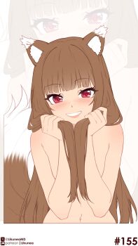 1girl absurdres animal_ears blush brown_hair convenient_censoring fang hair_censor highres holding holding_own_hair holo likunea long_hair looking_at_viewer nude patreon_logo patreon_username simple_background solo spice_and_wolf tail twitter_username twitter_x_logo wolf_ears wolf_girl wolf_tail zoom_layer