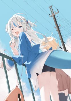 1other 2girls absurdres against_railing ahoge animal animal_costume animal_hood antennae black_shorts black_thighhighs blonde_hair blue_eyes blue_hair blue_hoodie blue_nails blue_sky blunt_bangs blush bob_cut bright_pupils brown_skirt cable cloud day detective ebi-chan_(gawr_gura) facing_away fins fish_tail floating_hair from_below gawr_gura gawr_gura_(1st_costume) gradient_hoodie hair_ornament hand_up highres hololive hololive_english holomyth hood hood_down hoodie long_hair looking_at_another multicolored_hair multiple_girls one_eye_closed open_mouth pleated_skirt pocket railing shark_costume shark_fin shark_girl shark_hair_ornament shark_hood shark_tail sharp_teeth shirt short_hair short_shorts shorts shrimp single_sleeve_past_wrist skirt sky sleeve_rolled_up slit_pupils smile sparkle streaked_hair tail tearing_up tears teeth thighhighs thighs two-tone_hair two-tone_hoodie two_side_up umiikuru utility_pole v virtual_youtuber watson_amelia watson_amelia_(1st_costume) white_hair white_pupils white_shirt wind