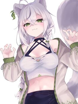 1girl :3 ahoge animal_ears bow braid breasts claw_pose cleavage commentary dot_nose english_commentary green_bow green_eyes hair_between_eyes hair_ornament happy_birthday heart heart-shaped_pupils highres indie_virtual_youtuber jacket long_hair looking_at_viewer medium_breasts midriff nekochi_(nek0chi) raccoon_ears raccoon_girl raccoon_tail simple_background solo symbol-shaped_pupils tail virtual_youtuber white_hair