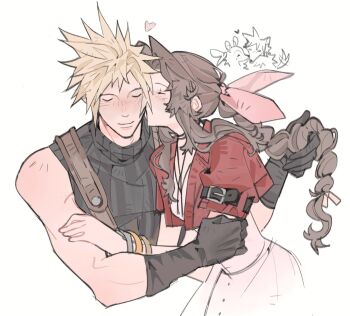 1boy 1girl aerith_gainsborough bangle black_gloves black_shirt blonde_hair blush bracelet braid braided_ponytail breasts brown_hair chibi chibi_inset choker closed_mouth cloud_strife couple deer_girl dress final_fantasy final_fantasy_vii final_fantasy_vii_remake gloves hair_ribbon hand_in_another's_hair hand_on_another's_arm hetero highres jacket jewelry kiss kissing_cheek medium_breasts mmmckayyy parted_bangs pink_dress pink_ribbon puffy_short_sleeves puffy_sleeves red_jacket ribbon ribbon_choker shirt short_hair short_sleeves sidelocks single_bare_shoulder single_braid sleeveless sleeveless_turtleneck smile spiked_hair suspenders turtleneck upper_body wavy_hair white_background wolf_boy