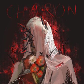 1boy black_background character_name charon_(reverse:1999) covered_face flower highres male_focus notebook poppy_(flower) red_flower reverse:1999 solo thorns upper_body veil white_flower white_veil yowl