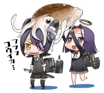 2girls animal animal_on_head arms_up black_dress black_gloves black_skirt black_sweater black_thighhighs chibi collared_shirt commentary_request dress eyepatch giant_squid gloves hair_between_eyes halo headgear hirai_yukio kantai_collection leg_up mechanical_halo multiple_girls on_head open_mouth purple_eyes purple_hair rigging shirt short_hair simple_background skirt squid standing sweat sweater tatsuta_(kancolle) tenryuu_(kancolle) thighhighs translation_request white_background white_shirt yellow_eyes