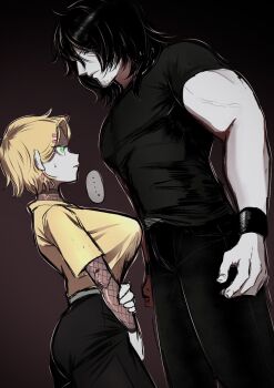 Rule 34 | ..., 1boy, 1girl, aged up, anji (ozdo cccv), black hair, blonde hair, earrings, gender transitioning, height difference, highres, hood, hoodie, jewelry, layered sleeves, logan (allenhara), long hair, long sleeves, medium hair, multicolored hair, muscular, muscular male, original, pink hair, sasha (allenhara), short over long sleeves, short sleeves, speech bubble, surprised, undershirt, watermark, watermark grid