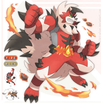 absurdres albrt-wlson claws colored_sclera fire fist furry fusion gen_7_pokemon green_eyes highres incineroar lycanroc lycanroc_(dusk) nintendo pokemon pokemon_(creature) rock sharp_teeth solo spikes teeth white_hair yellow_sclera