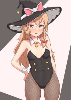 1girl absurdres black_leotard blonde_hair bow braid breasts brown_eyes commentary_request cowboy_shot detached_collar fishnet_pantyhose fishnets gluteal_fold hand_on_own_hip hat hat_bow highres kirisame_marisa leotard long_hair pantyhose petite samukaze side_braid small_breasts solo star_(symbol) strapless strapless_leotard touhou witch_hat wrist_cuffs