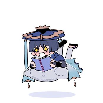 +_+ 1boy aracanthus38633 black_hair black_sandals blue_cape blue_hat blunt_ends blush book bridal_gauntlets cape choppy_bangs floating furisode genshin_impact gold gold_ring grey_bridal_gauntlets hat holding holding_book japanese_clothes jingasa kimono leg_warmers levitation lying male_focus middle_ring on_pillow on_stomach open_book open_mouth reading sandals scaramouche_(genshin_impact) solo stirrup_legwear toeless_legwear twitter_username wanderer_(genshin_impact) white_kimono white_leg_warmers white_mouth zouri