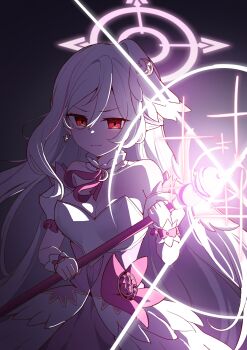 Rule 34 | 1girl, absurdres, balenjeong, bare shoulders, blue archive, breasts, casting spell, cleavage, closed mouth, colored petticoat, commentary request, detached sleeves, dress, feathered wings, gloves, hair between eyes, halo, head wings, highres, holding, holding staff, korean commentary, long hair, looking at viewer, medium breasts, official alternate costume, petticoat, purple halo, red eyes, solo, staff, suzumi (blue archive), suzumi (magical) (blue archive), very long hair, white dress, white gloves, white hair, white wings, wings