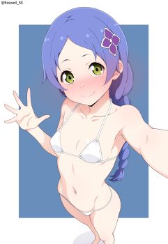 1girl absurdres artist_name bare_shoulders blue_background blush border bra braid braided_ponytail breasts cleavage closed_mouth collarbone green_eyes hair_ornament hairclip highres long_hair meili_portroute midriff navel panties parted_bangs purple_hair re:zero_kara_hajimeru_isekai_seikatsu roswell_ss selfie simple_background small_breasts smile solo thighs twitter_username underwear underwear_only white_border white_bra white_panties