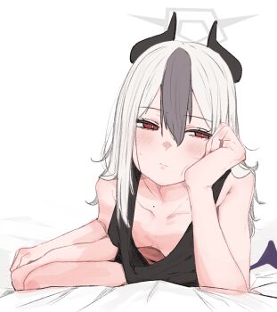 1girl :/ averting_eyes bare_arms bare_shoulders black_dress black_hair blue_archive blush breasts closed_mouth collarbone commentary demon_girl demon_horns demon_wings downblouse dress extended_downblouse grey_halo hair_between_eyes hair_down halo hand_on_own_cheek hand_on_own_face head_rest highres horns kayoko_(blue_archive) long_hair looking_to_the_side mole mole_on_collarbone red_eyes showtime775 sidelocks single_wing sleeveless sleeveless_dress small_breasts solo sweatdrop white_hair wings