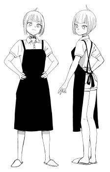 Rule 34 | 1girl, absurdres, ahoge, amano saku, animal print, antenna hair, apron, ass, bare legs, barefoot, black apron, blunt bangs, breasts, choker, closed mouth, collared shirt, concept art, cow print, cow print choker, empty eyes, eyelashes, from behind, full body, greyscale, hands on own hips, highres, kneepits, legs apart, legs together, looking at viewer, looking back, medium breasts, monochrome, multiple views, original, shirt, short hair, short shorts, short sleeves, shorts, simple background, slippers, smile, smug, solo, standing, thighs, v-shaped eyebrows, white background