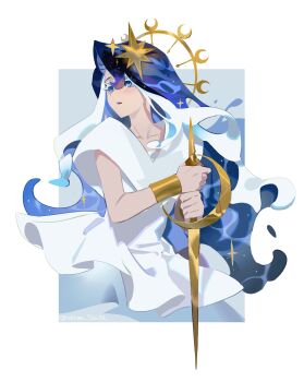 1girl absurdres bare_arms blue_eyes blue_hair border bracelet collarbone colored_eyelashes cookie_run cookie_run:_kingdom crescent flat_chest frilled_shirt frills gold_bracelet grey_background hair_between_eyes hair_ornament halo highres holding holding_polearm holding_weapon humanization jewelry lance liquid_hair long_hair looking_ahead multicolored_hair official_alternate_costume official_alternate_hair_color outside_border parted_lips polearm sea_fairy_cookie sea_fairy_cookie_(rippling_moonlight) shime52631 shirt short_sleeves simple_background solo sparkle star_(symbol) star_hair_ornament streaked_hair turning_head twitter_username two-tone_hair very_long_hair weapon white_border white_eyelashes white_hair white_shirt yellow_halo