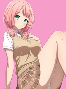 1girl absurdres bang_dream! bang_dream!_girls_band_party! breasts brown_skirt brown_sweater_vest commentary diagonal-striped_clothes diagonal-striped_necktie green_eyes green_necktie haneoka_school_uniform highres large_breasts low_twintails medium_hair necktie noshimurin open_mouth panties pantyshot pink-tinted_eyewear pink_hair plaid_clothes plaid_skirt pleated_skirt school_uniform shirt simple_background skirt solo striped_clothes striped_necktie sweater_vest tinted_eyewear twintails uehara_himari underwear white_panties white_shirt