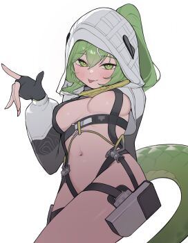 1girl absurdres arknights arknights:_endfield black_gloves breasts chest_harness commentary_request fingerless_gloves fluorite_(arknights) gloves green_hair green_tail hair_through_hood harness highres hood hood_up hooded_shrug lizard_tail long_hair looking_at_viewer navel obam reptile_girl shrug_(clothing) snake_girl snake_tail solo tail tongue tongue_out white_shrug