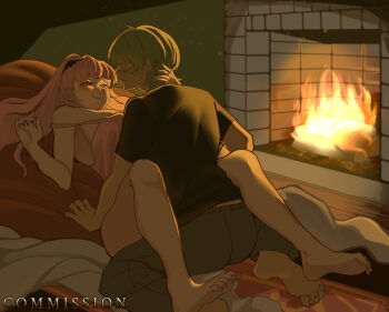 Rule 34 | 1boy, 1girl, armpits, barefoot, black shirt, breasts, camisole, ceroccb, commission, fire emblem, fire emblem: three houses, fireplace, green hair, green pants, highres, hilda valentine goneril, hilda valentine goneril (timeskip), implied sex, large breasts, long hair, lying, male byleth (awakened) (fire emblem), male byleth (fire emblem), night, nintendo, off shoulder, official alternate hair color, on back, pants, pink camisole, pink eyes, pink hair, ponytail, shirt, short hair, sideboob, smile