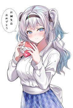 1girl absurdres blue_skirt blush brown_hairband brown_ribbon buttons checkered_clothes checkered_scarf closed_mouth collared_shirt commentary devl_ga_aru english_commentary firefly_(honkai:_star_rail) gift gradient_hair grey_hair hair_between_eyes hair_intakes hair_ribbon hairband highres holding holding_gift honkai:_star_rail honkai_(series) long_hair multicolored_hair pleated_skirt ribbon scarf shirt short_twintails simple_background skirt smile solo speech_bubble twintails white_background white_shirt