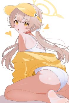 1girl absurdres ass barefoot between_legs blonde_hair blue_archive choker commentary cosplay criss-cross_back-straps crossed_bangs double-parted_bangs hair_flaps hair_ornament halo hand_between_legs heart hifumi_(blue_archive) highres hood hooded_jacket jacket long_hair looking_at_viewer looking_back low_twintails off_shoulder one-piece_swimsuit open_mouth pink_choker seia_(blue_archive) seia_(blue_archive)_(cosplay) seia_(swimsuit)_(blue_archive) shusuchii soles solo sweatdrop swimsuit symbol-only_commentary twintails visor_cap white_one-piece_swimsuit wing_hair_ornament yellow_eyes yellow_halo yellow_jacket yellow_visor