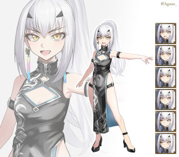 1girl absurdres arm_strap bare_shoulders black_dress blue_trim blush breasts china_dress chinese_clothes cleavage_cutout clothing_cutout commentary_request covered_navel dress earrings fate/grand_order fate_(series) forked_eyebrows full_body high_heels high_ponytail highres jewelry long_hair looking_at_viewer melusine_(fate) multiple_views one_eye_closed open_mouth pelvic_curtain ponytail shibao_aoyama side_slit sidelocks silver_trim small_breasts smile thigh_strap white_hair yellow_eyes