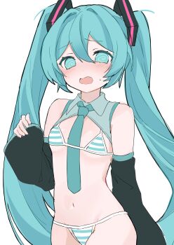 Rule 34 | 1girl, absurdres, aqua eyes, aqua hair, aqua necktie, bikini, black sleeves, commentary request, hatsune miku, highres, light blush, long hair, navel, necktie, solo, striped bikini, striped clothes, swimsuit, twintails, vocaloid, white background, yukia 1128