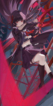 Rule 34 | 1girl, absurdres, arm cutout, black hair, black jacket, black serafuku, black shirt, black skirt, black socks, bright pupils, chisa (wuthering waves), closed mouth, clothing cutout, commentary, hair ribbon, highres, holding, holding sword, holding weapon, jacket, long hair, midriff, navel, neckerchief, red eyes, red neckerchief, red ribbon, ribbon, sailor collar, school uniform, serafuku, sercet, shirt, skirt, socks, solo, sword, tacet mark (wuthering waves), weapon, white pupils, white sailor collar, wuthering waves
