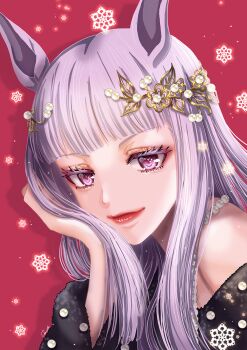 1girl animal_ears bare_shoulders black_shirt blunt_bangs commentary_request dated_commentary gold_ship_(umamusume) grey_hair hair_ornament head_rest highres horse_ears horse_girl long_hair long_sleeves looking_at_viewer otono_(bkt4b) purple_eyes red_lips shirt snowflakes solo umamusume upper_body