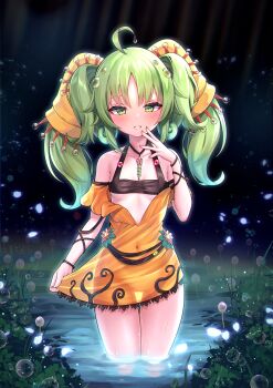 1girl absurdres ahoge blush breasts covered_navel dress dress_tug duel_monster green_eyes green_hair highres kumarang plant see-through_clothes see-through_dress skirt_hold small_breasts traptrix_sera twintails wading water yu-gi-oh!