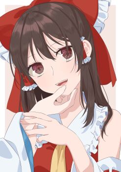 2girls absurdres ascot bow brown_eyes brown_hair commentary_request detached_sleeves frilled_bow frilled_hair_tubes frills hair_bow hair_tubes hakurei_reimu hand_on_another's_chin highres kochiya_sanae long_hair multiple_girls open_mouth red_bow ribbon-trimmed_sleeves ribbon_trim smile solo_focus teeth touhou tsuno_no_hito upper_teeth_only yellow_ascot yuri