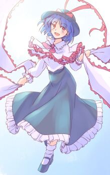 1girl :d black_hat black_shoes black_skirt blue_background blue_hair blush bow bowtie capelet commentary_request frilled_capelet frilled_ribbon frilled_shirt_collar frilled_skirt frills full_body gradient_background hagoromo hat hat_ribbon holding holding_ribbon long_sleeves mary_janes medium_hair nagae_iku no_fingers one-hour_drawing_challenge open_mouth rangycrow red_bow red_bowtie red_eyes red_ribbon ribbon shawl shirt shoes sideways_glance skirt smile socks solo touhou white_capelet white_shirt white_socks