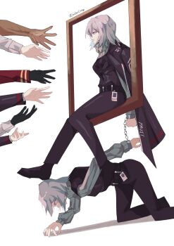 absurdres all_fours black_coat black_gloves black_pants black_shoes chickencringe coat coat_on_shoulders cuffs dante_(limbus_company) dark-skinned_male dark_skin dual_persona faust_(project_moon) gloves handcuffs heathcliff_(project_moon) highres id_card limbus_company long_sleeves open_mouth pants picture_frame project_moon red_trim ryoshu_(project_moon) shoes short_hair white_hair yi_sang_(project_moon)