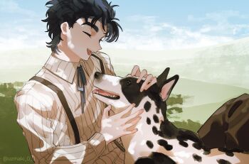 Rule 34 | 1boy, animal, black hair, closed eyes, collared shirt, danny (jojo), day, dog, highres, jojo no kimyou na bouken, jonathan joestar, long sleeves, male focus, neck ribbon, open mouth, outdoors, petting, phantom blood, ribbon, shirt, short hair, sitting, sky, smile, solo, striped clothes, striped shirt, suspenders, uzuki uzu