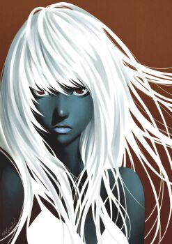 Rule 34 | 1girl, absurdres, bare shoulders, black skin, blue lips, colored skin, highres, lips, long hair, nifast (greentail), nose, original, parted lips, red background, red eyes, solo, swept bangs, twitter username, white hair