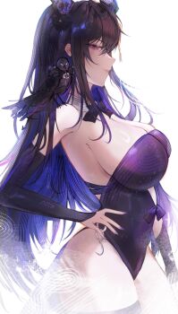 1girl a_r_i_a alternate_costume black_bow black_bowtie black_hair blue_hair bow bowtie breasts closed_mouth collar demon_horns detached_collar hand_on_own_hip hololive hololive_english horns large_breasts long_hair looking_at_viewer nerissa_ravencroft purple_nails red_eyes shadow_(nerissa_ravencroft) virtual_youtuber white_collar