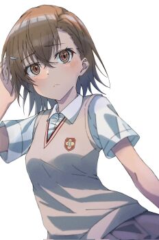 1girl arm_up brown_eyes brown_hair brown_sweater_vest closed_mouth collared_shirt commentary cropped frown hair_ornament hairclip halya_meri highres misaka_mikoto school_uniform shirt short_hair short_sleeves simple_background solo sweater_vest symbol-only_commentary toaru_majutsu_no_index tokiwadai_school_uniform upper_body white_background white_shirt