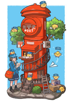 Rule 34 | 1girl, absurdres, animal, animal on head, baby animal, bag, bird, bird on head, black socks, blue background, blue hat, blue shirt, blue shorts, border, box, brown hair, brown shoes, bush, cardboard box, chick, closed mouth, commentary, hat, highres, holding, holding letter, japanese cylindrical postbox, letter, long sleeves, mailman, necktie, on head, orange necktie, original, outside border, paper airplane, shirt, shoes, short hair, shorts, simple background, socks, stairs, standing, touchika, tree, white border