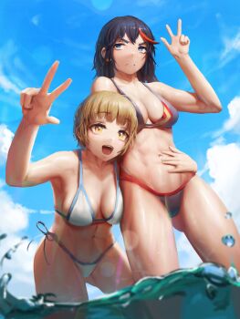 2girls abs absurdres bikini black_bikini black_hair blue_eyes blue_sky blunt_bangs breasts breasts_apart brown_hair cleavage closed_mouth cloud cloudy_sky collarbone cowboy_shot frown gluteal_fold hand_on_another's_stomach hand_up highres hug hug_from_behind in_water kill_la_kill leaning_forward looking_at_viewer looking_to_the_side mankanshoku_mako matoi_ryuuko medium_hair multiple_girls navel numanoan open_mouth outdoors red_streaks short_hair sky standing swimsuit teeth three-finger_salute toned toned_female tongue wet white_bikini yellow_eyes