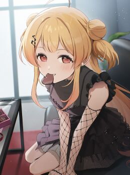 1girl ahoge alternate_costume alternate_hairstyle backlighting beamed_eighth_notes black_dress blonde_hair bloom box box_of_chocolates candy carpet chocolate chocolate_heart collar commentary couch dated_commentary dot_nose double-parted_bangs double_bun dress eighth_note fishnet_dress fishnet_gloves fishnets food food_in_mouth fortissimo frilled_dress frills glass_table gloves gradient_hair hair_bun hair_intakes hair_ornament half-closed_eyes heart heart-shaped_food highres hololive hololive_dev_is indoors layered_dress leaning_forward long_hair looking_at_viewer looking_to_the_side loose_hair_strand mitoha multicolored_hair musical_note musical_note_hair_ornament naughty_face on_couch open_mouth orange_hair otonose_kanade parted_lips piano_print plant potted_plant raised_eyebrows red_eyes revision see-through_clothes see-through_dress see-through_skirt_layer sidelocks sitting smile solo spaghetti_strap swept_bangs table two-tone_hair two_side_up untranslatable_commentary very_long_hair virtual_youtuber window