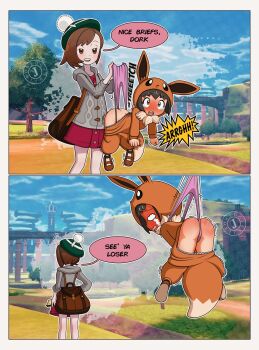 2girls age_difference artist_logo ass blush bullying comic cosplay costume crying eevee eevee_(cosplay) eevee_ears eevee_tail embarrassed english_text female_focus gen_1_pokemon gloria_(pokemon) handprint hanging_wedgie highres humiliation jirowedgies kigurumi logo loli multiple_girls nintendo panties panty_pull pink_panties poke_kid_(pokemon) pokemon pokemon_swsh pulling smug spanked tagme tears tree trembling underwear wedgie