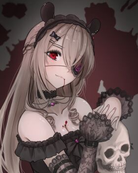 1girl animal_ears black_choker black_dress black_headdress blood blood_drip blood_from_mouth blood_splatter blush bow breasts brooch brown_hair choker cleavage collarbone commentary curly_sidelocks dress english_commentary fang frilled_dress frills from_side gothic_lolita hair_bow hair_ornament hairclip highres indie_virtual_youtuber jewelry large_breasts lolita_fashion long_hair looking_at_viewer mude_(mudddddddde) nimi_nightmare nimi_nightmare_(goth) off-shoulder_dress off_shoulder own_hands_together parallel_hairclips pendant red_eyes ribbon signature skull solo tapir_ears tapir_girl upper_body virtual_youtuber