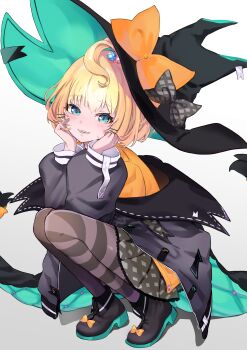 1girl absurdres ahoge aqua_eyes asymmetrical_legwear beads black_jacket blonde_hair blush bow cardigan full_body hair_beads hair_ornament hands_on_own_cheeks hands_on_own_face hashtag-only_commentary hat hat_bow highres jacket kuraku_clack large_hat looking_at_viewer medium_hair millie_parfait millie_parfait_(1st_costume) mismatched_legwear nijisanji nijisanji_en off_shoulder open_mouth orange_cardigan pantyhose pleated_skirt simple_background skirt smile solo squatting striped_clothes striped_pantyhose variant_set virtual_youtuber white_background witch_hat