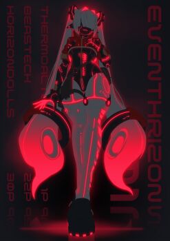 1girl absurdres android black_gloves black_shoes black_skin breasts colored_skin commentary_request cropped_jacket echanis_enicha english_text gloves glowing glowing_clothes glowing_hair hair_intakes hair_over_eyes hand_on_own_chest highres jacket leotard long_hair multicolored_gloves neon_lights original pink_gloves red_jacket shoes solo teeth two-tone_gloves underboob white_hair zipper